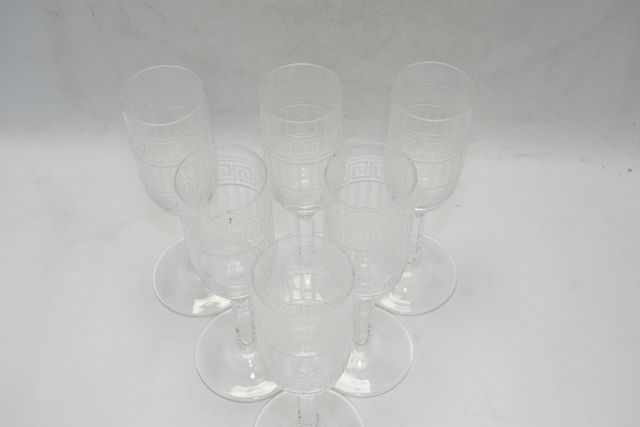 Six boxed Rosenthal for Versace champagne flutes with etched Greek key decoration, 18.5cm high. Condition - good.